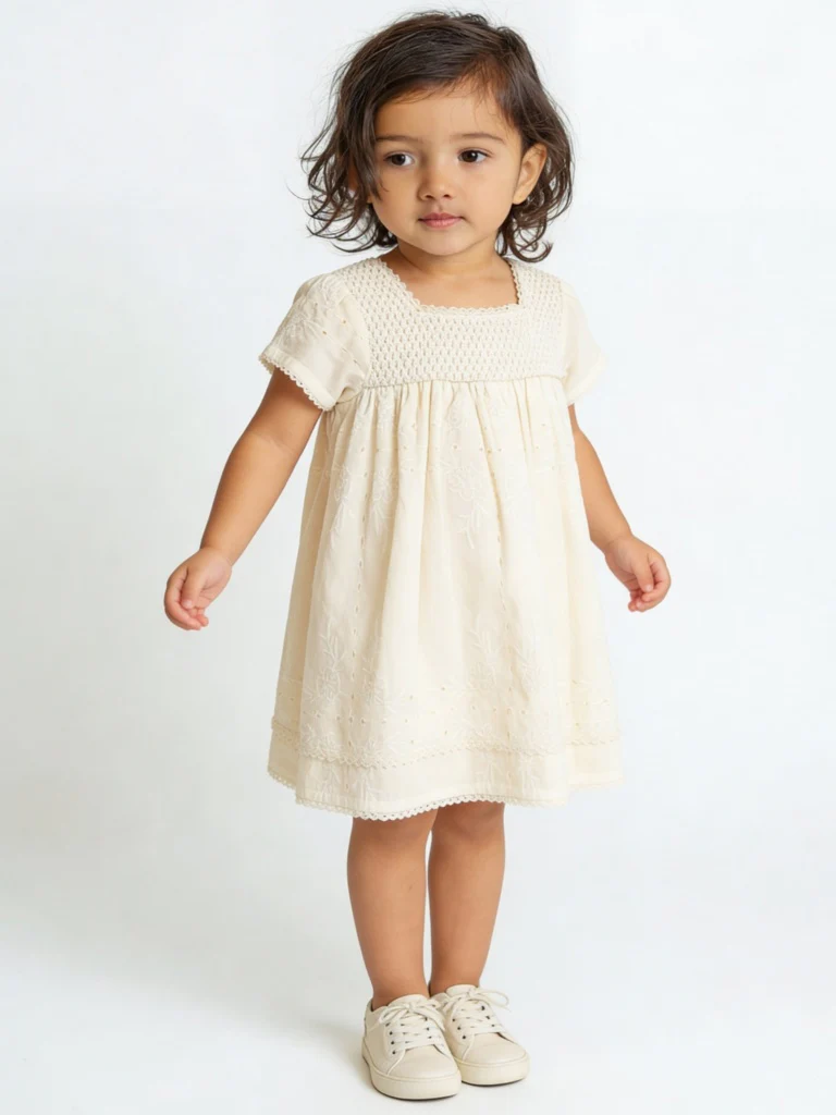 HOP Baby Girls Off-White Knit-Textured Cotton A-Line Dress