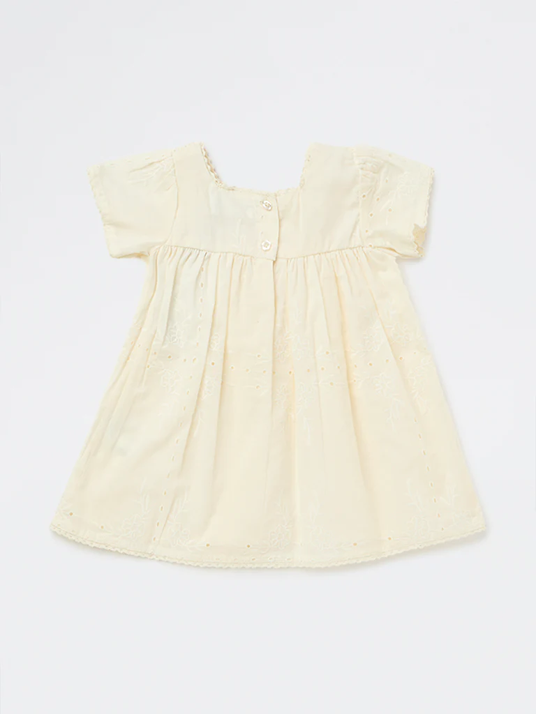 HOP Baby Girls Off-White Knit-Textured Cotton A-Line Dress - Image 3