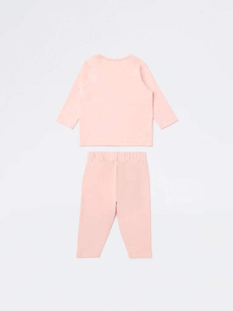 HOP Baby Girls Peach Animal Pattern Cotton T-Shirt and Pant Set - Image 3