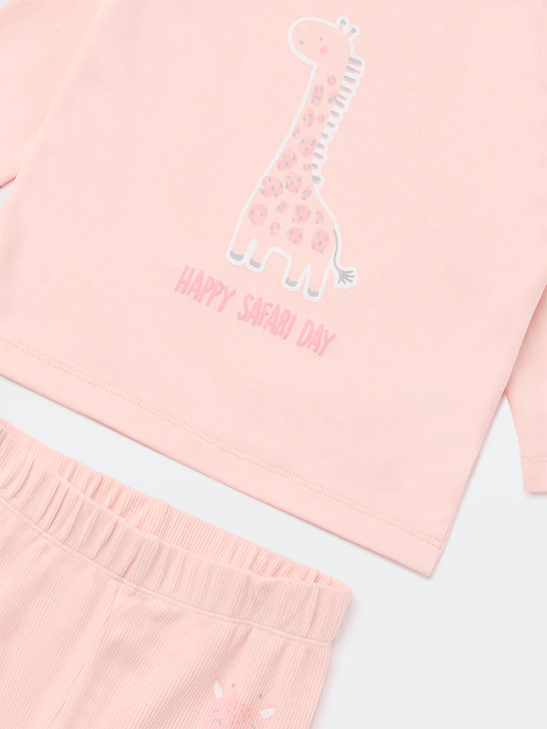HOP Baby Girls Peach Animal Pattern Cotton T-Shirt and Pant Set - Image 4