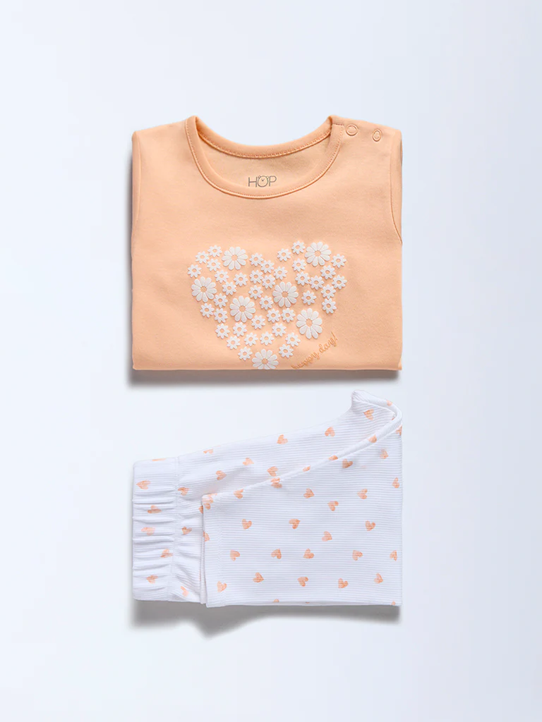 HOP Baby Girls Peach Heart Printed Cotton T-Shirt and Pants Set - Exclusive - Image 2