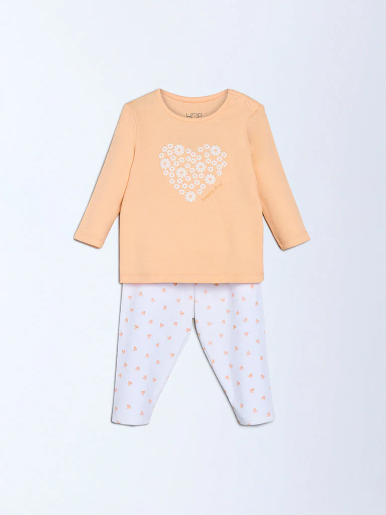 HOP Baby Girls Peach Heart Printed Cotton T-Shirt and Pants Set - Exclusive - Image 3