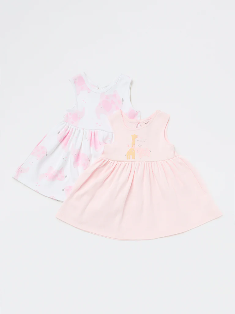 HOP Baby Girls Pink Animal A-Line Cotton Dress - Pack of 2 - Image 2