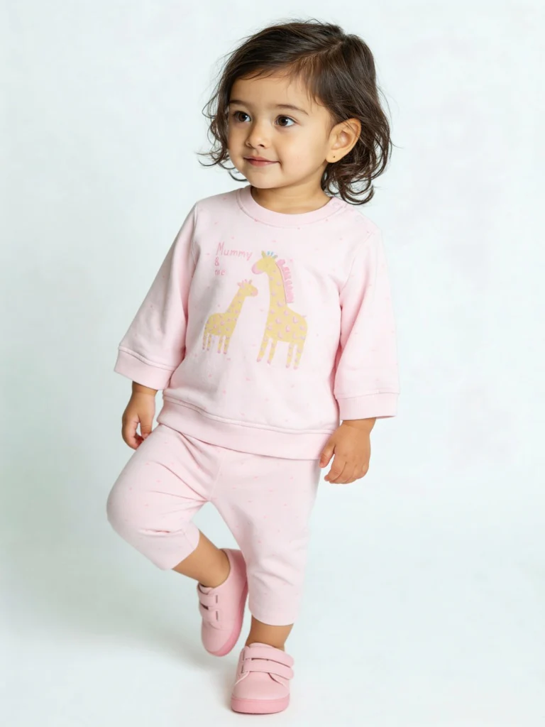 HOP Baby Girls Pink Animal Design Cotton Sweatshirt and Pants Set