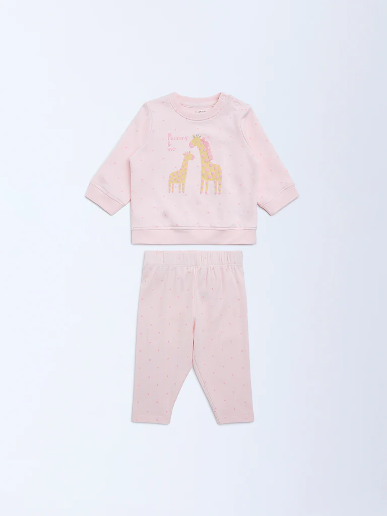 HOP Baby Girls Pink Animal Design Cotton Sweatshirt and Pants Set - Image 2
