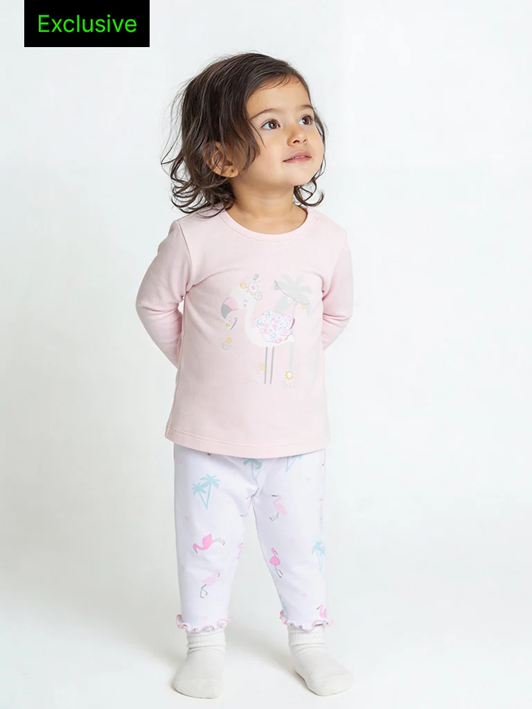 HOP Baby Girls Pink Bird Pattern Cotton T-Shirt and Pants Set - Exclusive