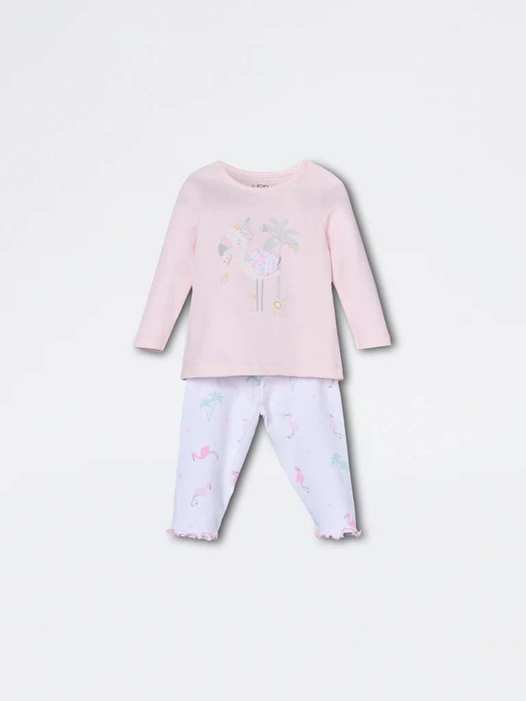 HOP Baby Girls Pink Bird Pattern Cotton T-Shirt and Pants Set - Exclusive - Image 2