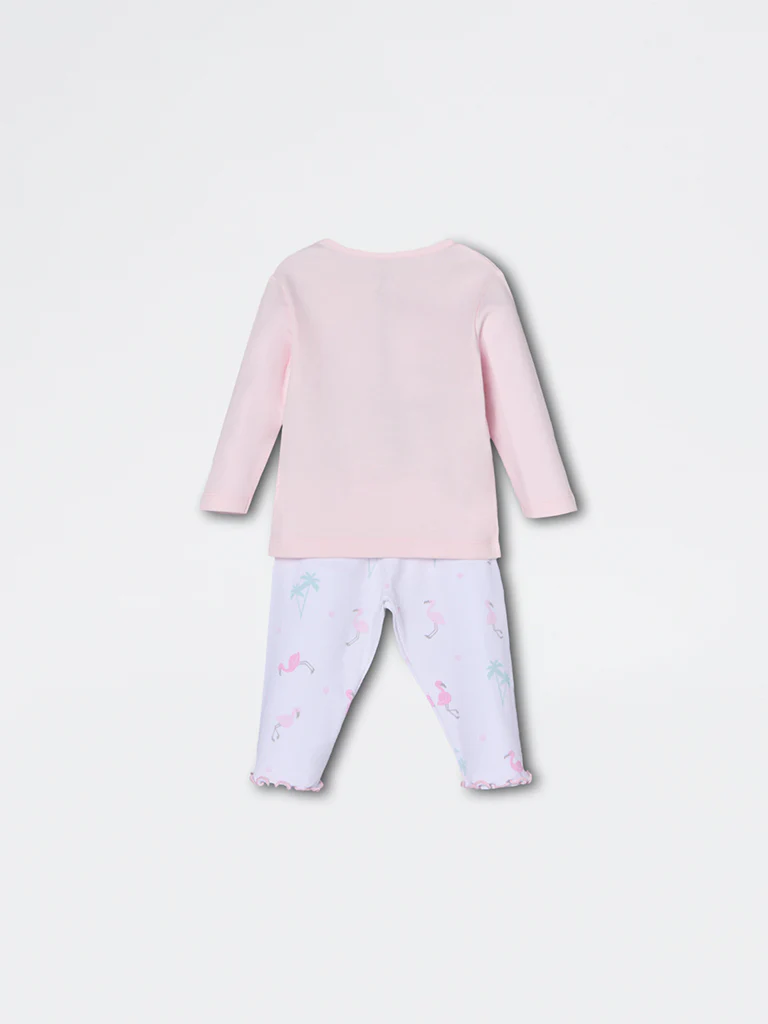 HOP Baby Girls Pink Bird Pattern Cotton T-Shirt and Pants Set - Exclusive - Image 3