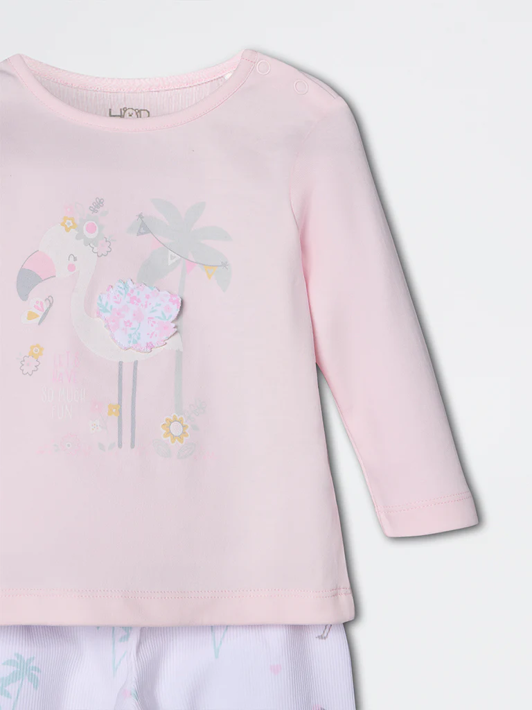 HOP Baby Girls Pink Bird Pattern Cotton T-Shirt and Pants Set - Exclusive - Image 4