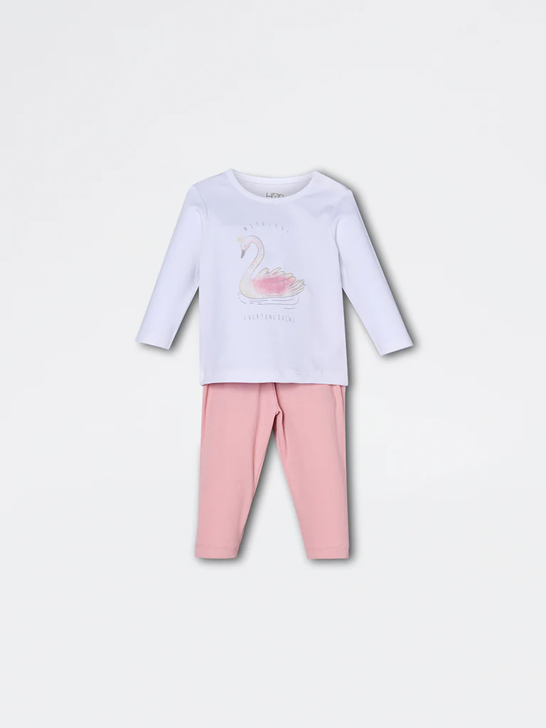 HOP Baby Girls Pink Bird Printed Cotton Co-ord Set - Exclusive - Image 2