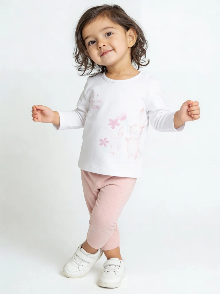 HOP Baby Girls Pink Bunny Printed Cotton T-Shirt and Pants Set