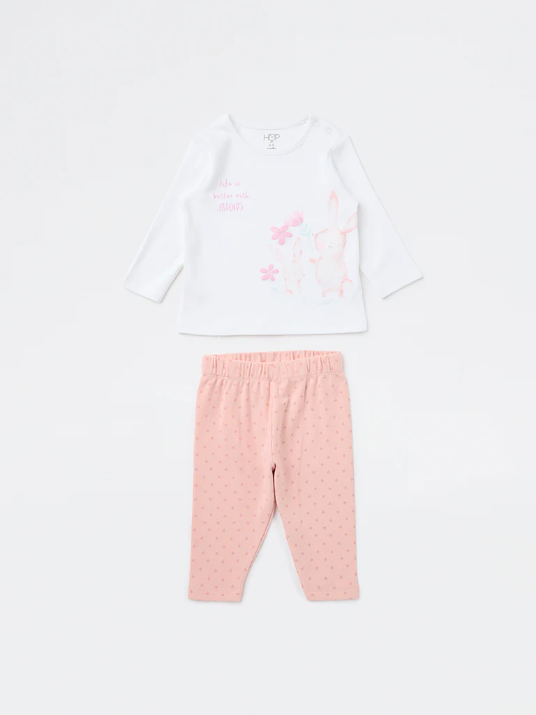 HOP Baby Girls Pink Bunny Printed Cotton T-Shirt and Pants Set - Image 2
