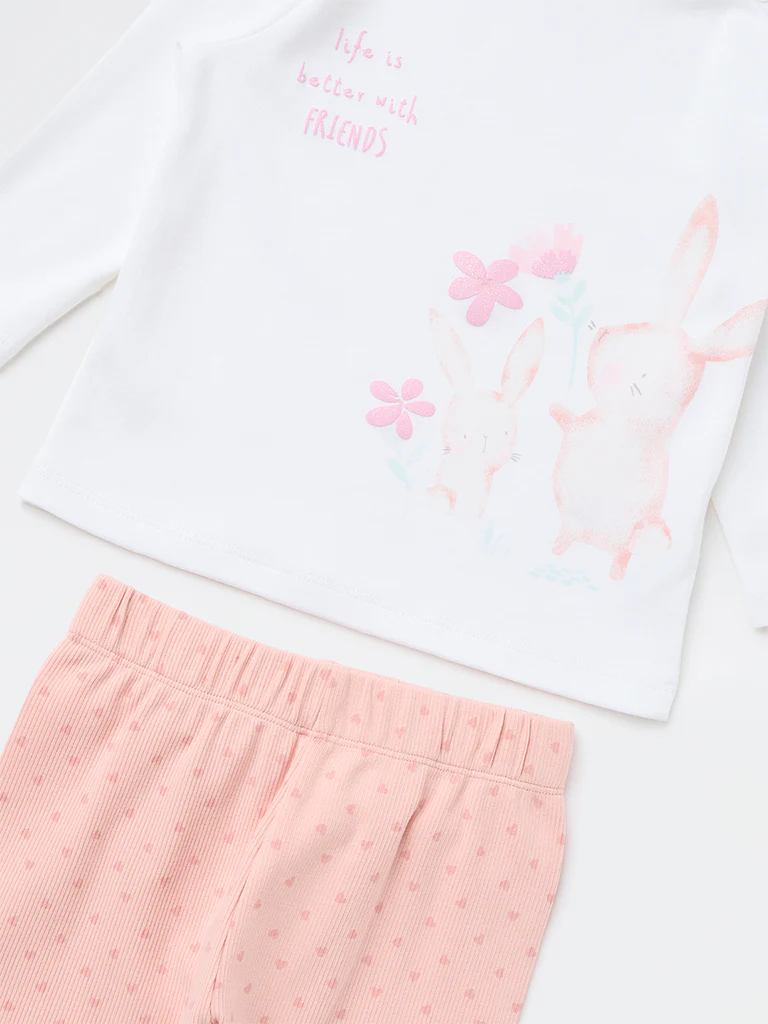 HOP Baby Girls Pink Bunny Printed Cotton T-Shirt and Pants Set - Image 4