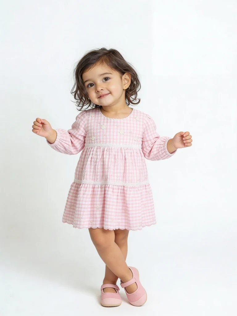 HOP Baby Girls Pink Checkered Tiered Cotton Dress