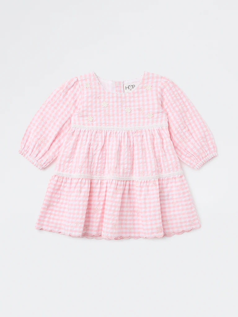 HOP Baby Girls Pink Checkered Tiered Cotton Dress - Image 2