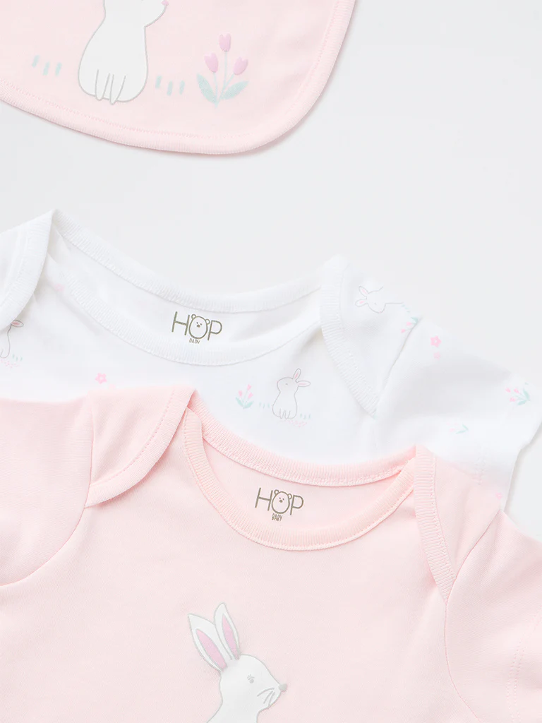 HOP Baby Girls Pink Cotton Romper and Bib -Pack of 2 - Image 3