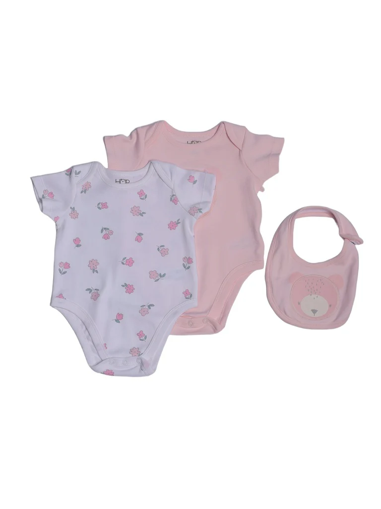 HOP Baby Girls Pink Cotton Romper with Bib - Pack of 3 - Image 3
