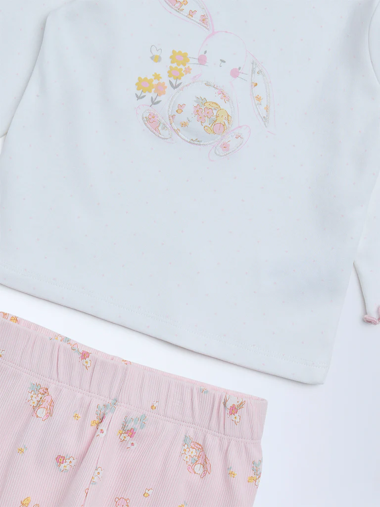 HOP Baby Girls Pink Cotton T-Shirt and Pants Set - Image 4