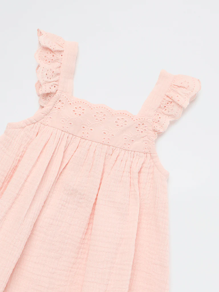 HOP Baby Girls Pink Crinkle Texture A-Line Cotton Dress - Image 3