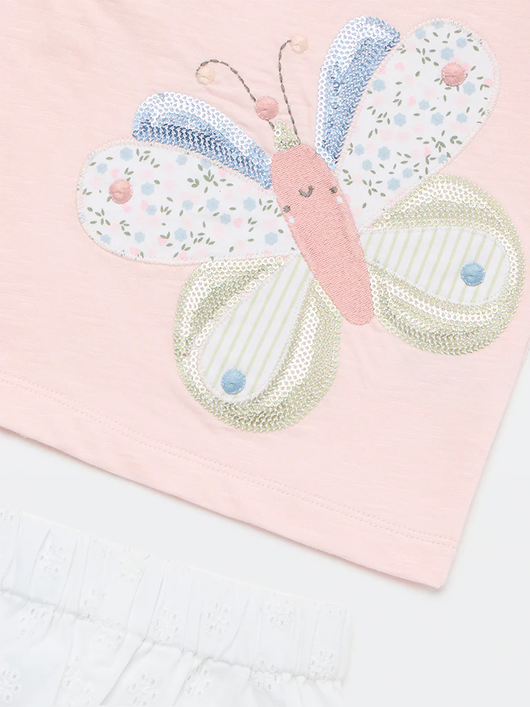 HOP Baby Girls Pink Design Cotton Top and Shorts Set - Image 3