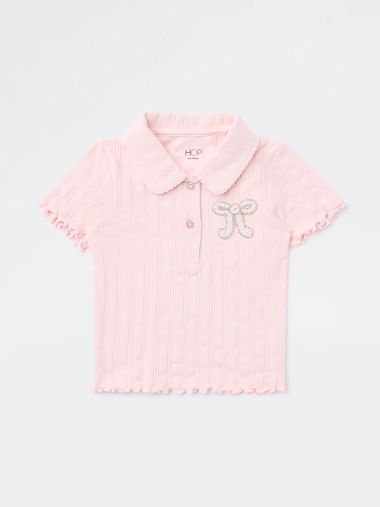HOP Baby Girls Pink Embellished Cotton Top - Image 3