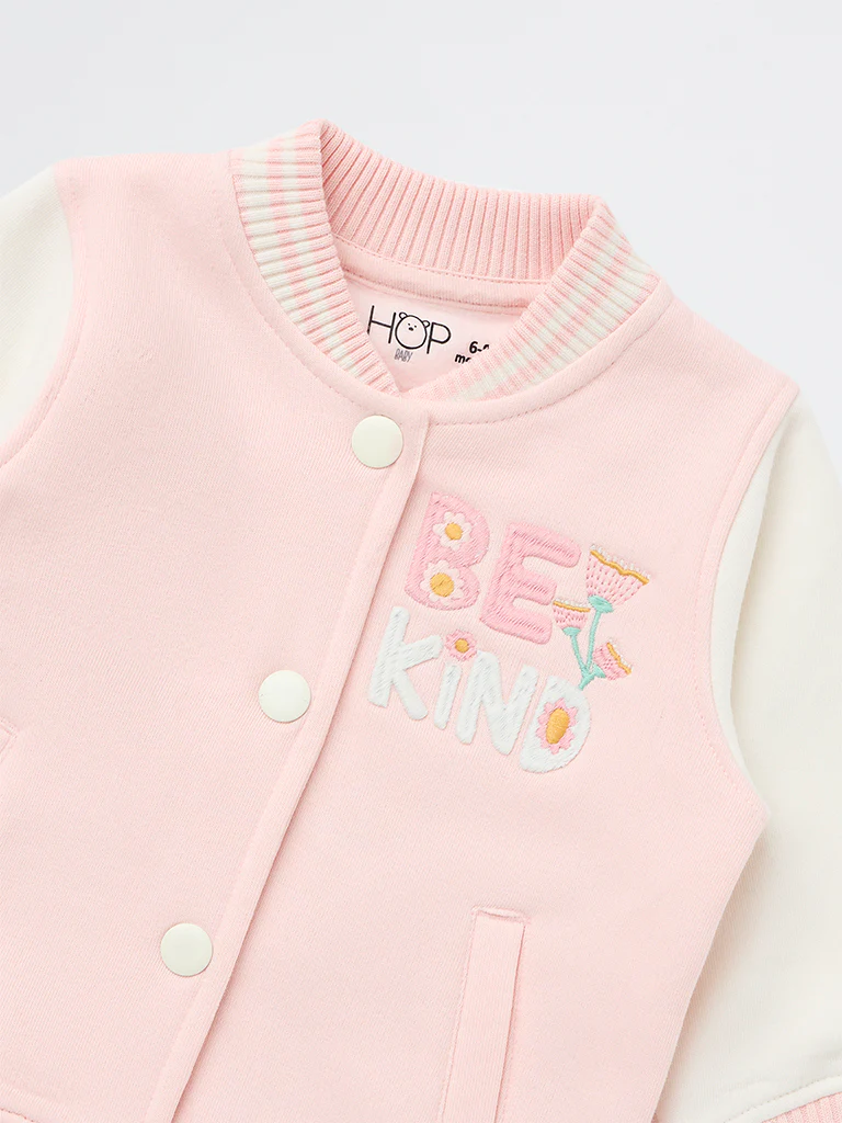HOP Baby Girls Pink Embroidered Cotton-Blend Varsity Jacket - Image 4