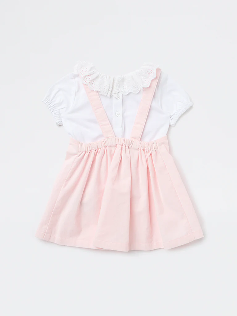HOP Baby Girls Pink Embroidered Cotton T-Shirt and Pinafore Set - Image 3