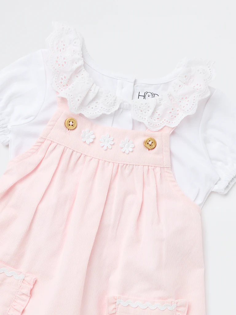 HOP Baby Girls Pink Embroidered Cotton T-Shirt and Pinafore Set - Image 4