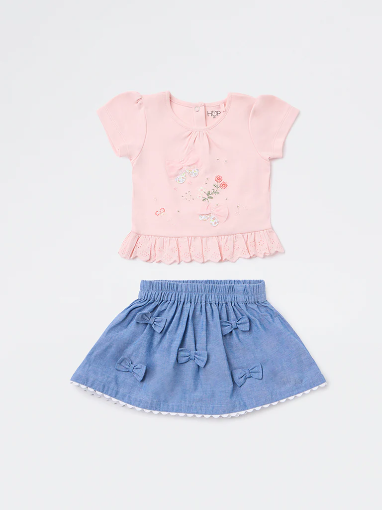 HOP Baby Girls Pink Embroidered Cotton Top and Skirt Set - Image 2