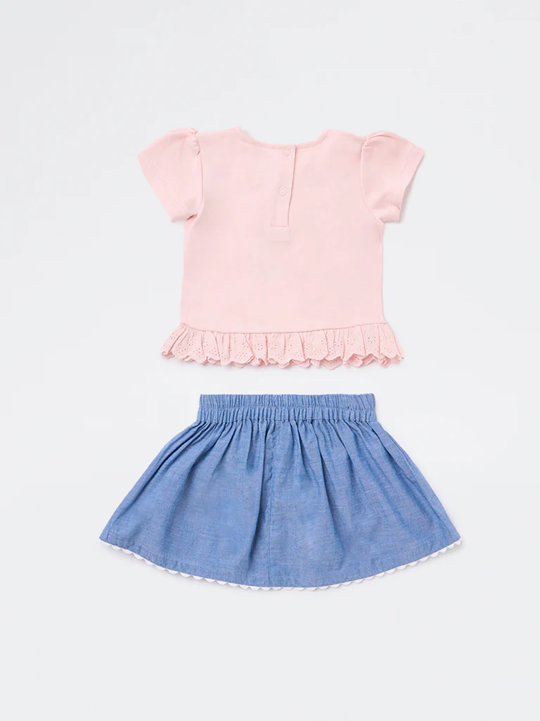HOP Baby Girls Pink Embroidered Cotton Top and Skirt Set - Image 3