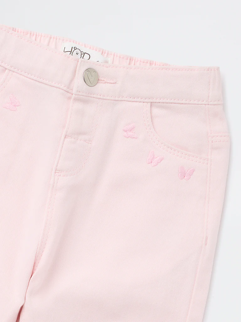 HOP Baby Girls Pink Embroidered High-Rise Cotton-Blend Trousers - Image 5