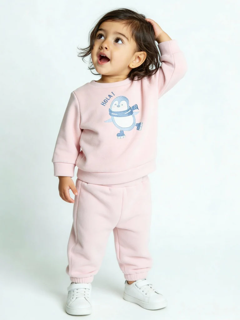 HOP Baby Girls Pink Embroidered Sweatshirt and Pants Set
