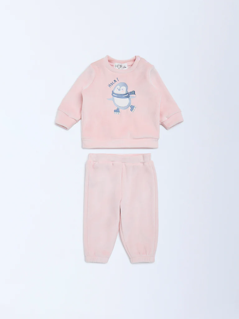 HOP Baby Girls Pink Embroidered Sweatshirt and Pants Set - Image 2