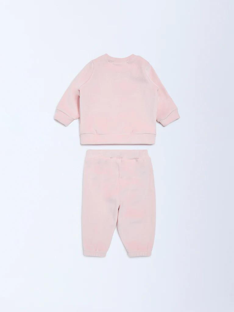 HOP Baby Girls Pink Embroidered Sweatshirt and Pants Set - Image 3