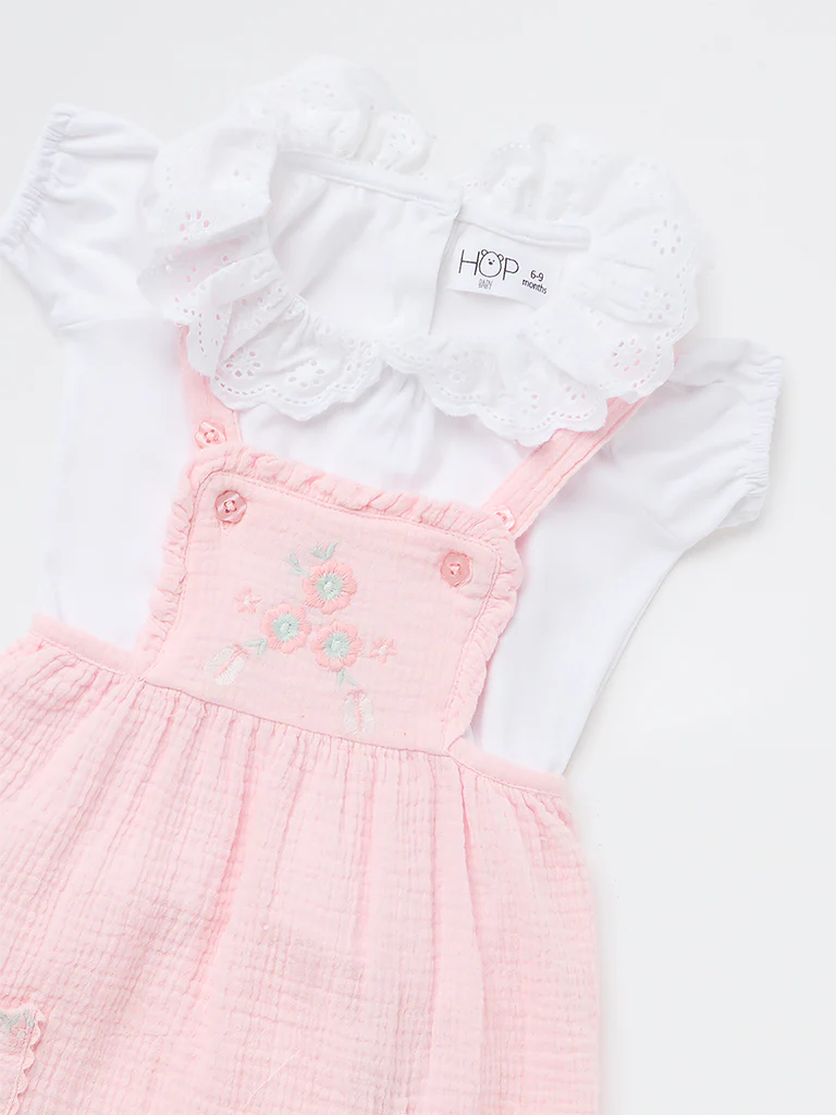 HOP Baby Girls Pink Floral Cotton Pinafore with T-Shirt Set - Image 4