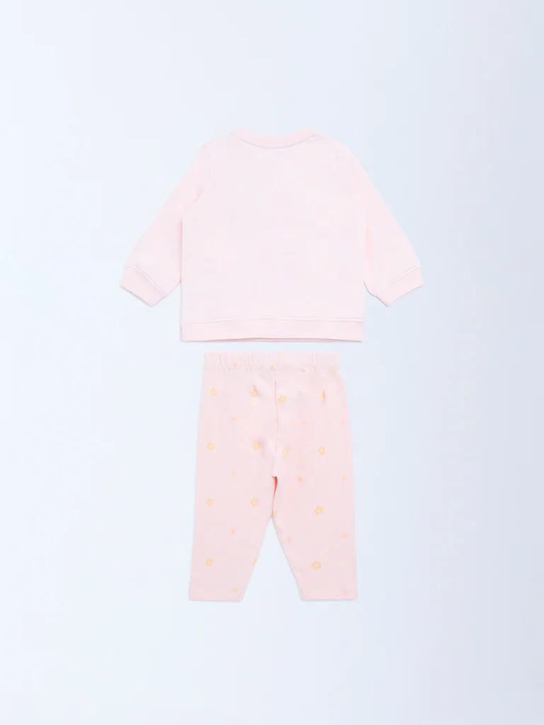 HOP Baby Girls Pink Floral Cotton Sweatshirt and Pants Set - Image 3