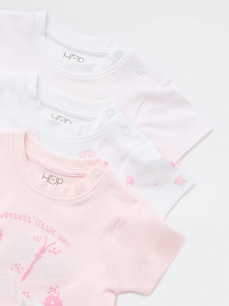 HOP Baby Girls Pink Floral Cotton T-Shirt - Pack of 3 - Image 3