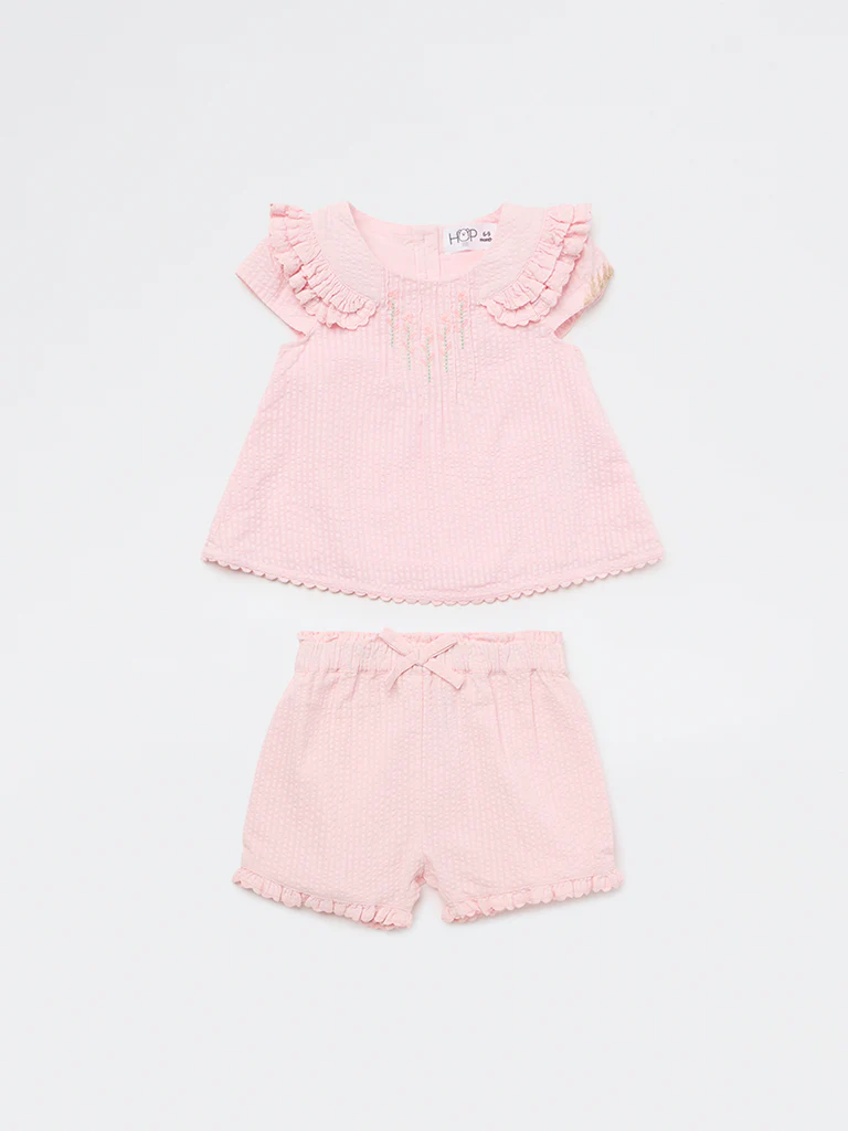 HOP Baby Girls Pink Floral Cotton Top and Shorts Set - Image 3