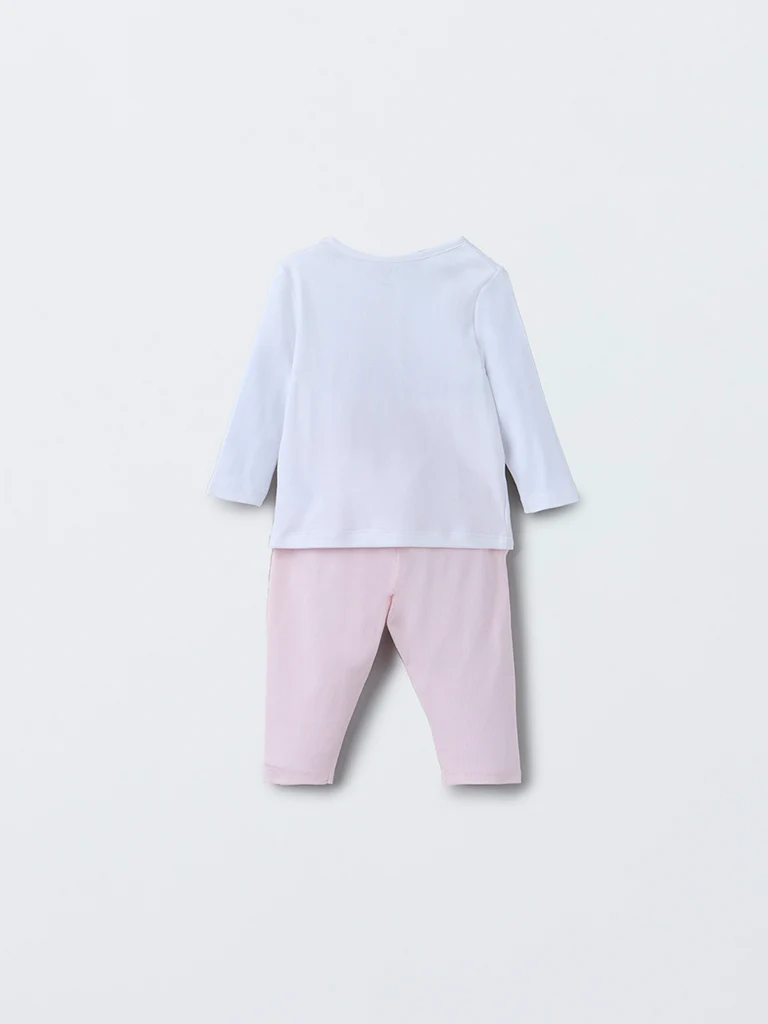 HOP Baby Girls Pink Floral Design Cotton T-Shirt with Pants Set - Image 3