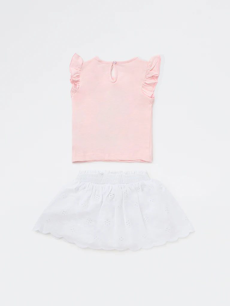 HOP Baby Girls Pink Floral Design Cotton Top and Skirt Set - Image 3
