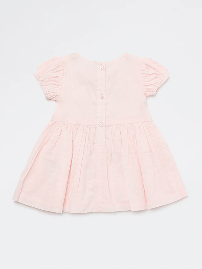 HOP Baby Girls Pink Floral Embroidered A-Line Cotton Dress - Image 2
