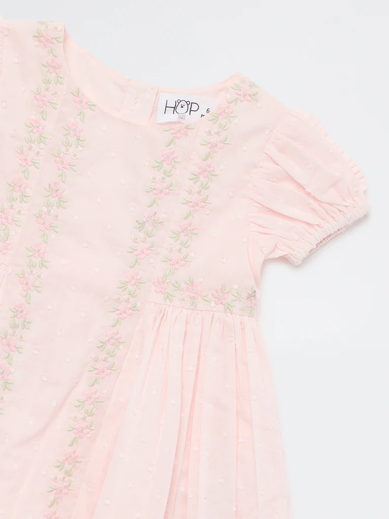 HOP Baby Girls Pink Floral Embroidered A-Line Cotton Dress - Image 3