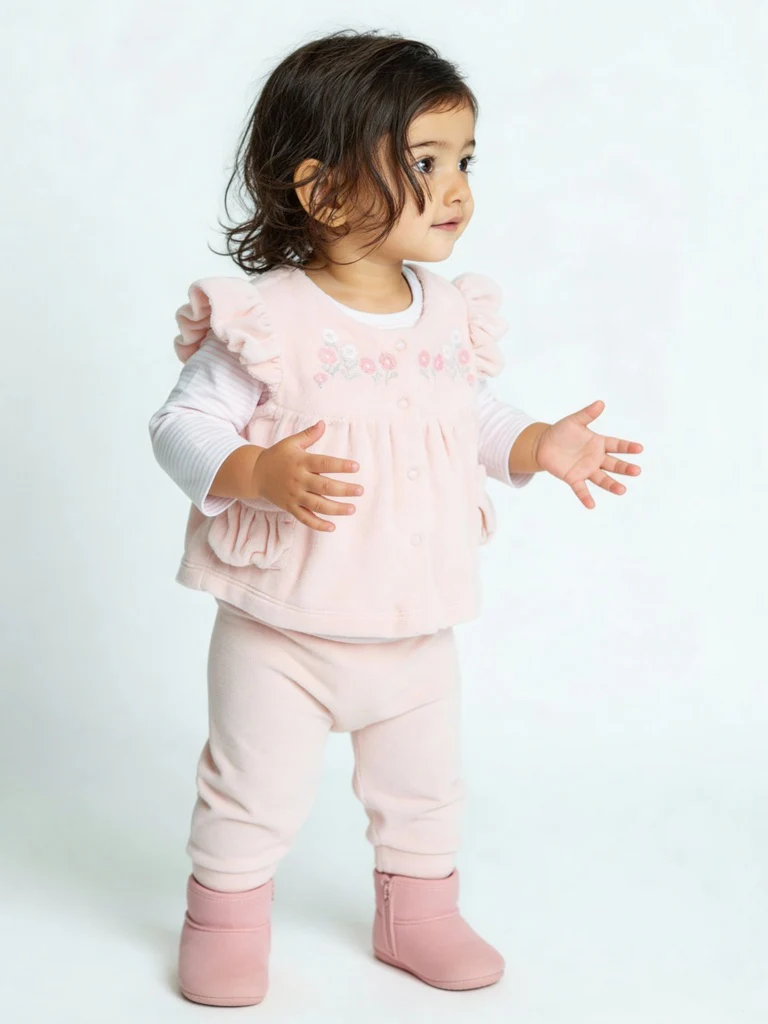 HOP Baby Girls Pink Floral Embroidered Cotton-Blend Top and Pants Set