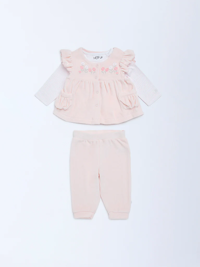 HOP Baby Girls Pink Floral Embroidered Cotton-Blend Top and Pants Set - Image 2