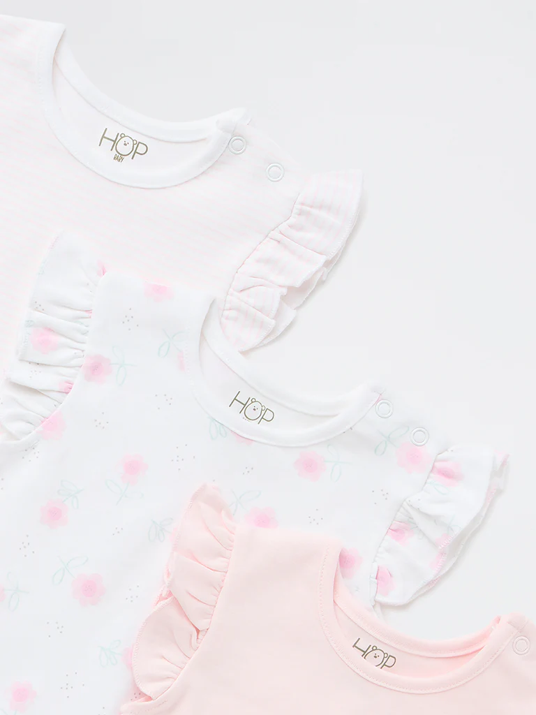 HOP Baby Girls Pink Printed Cotton Romper - Pack of 3 - Image 4
