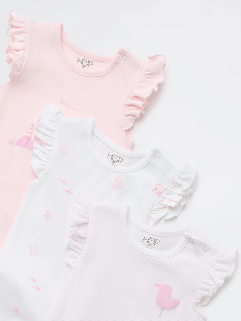 HOP Baby Girls Pink Printed Cotton Rompers - Pack of 3 - Image 3