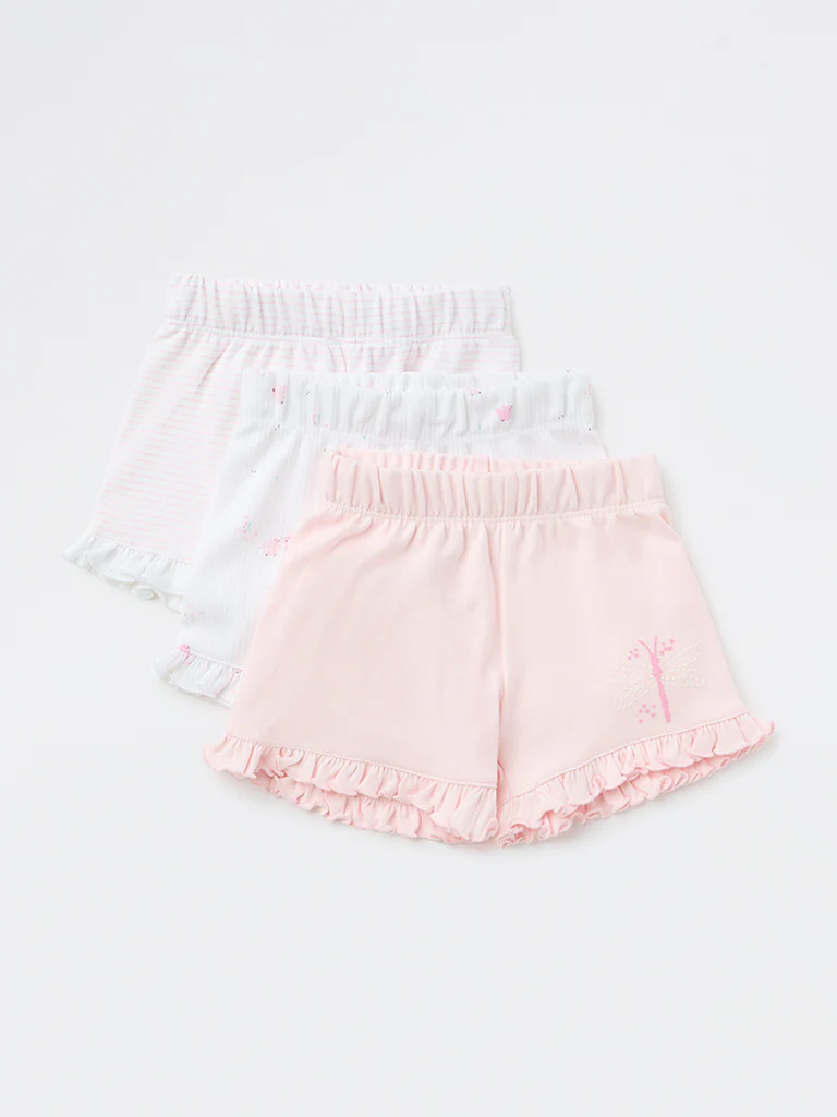 HOP Baby Girls Pink Printed Cotton Shorts - Pack of 3