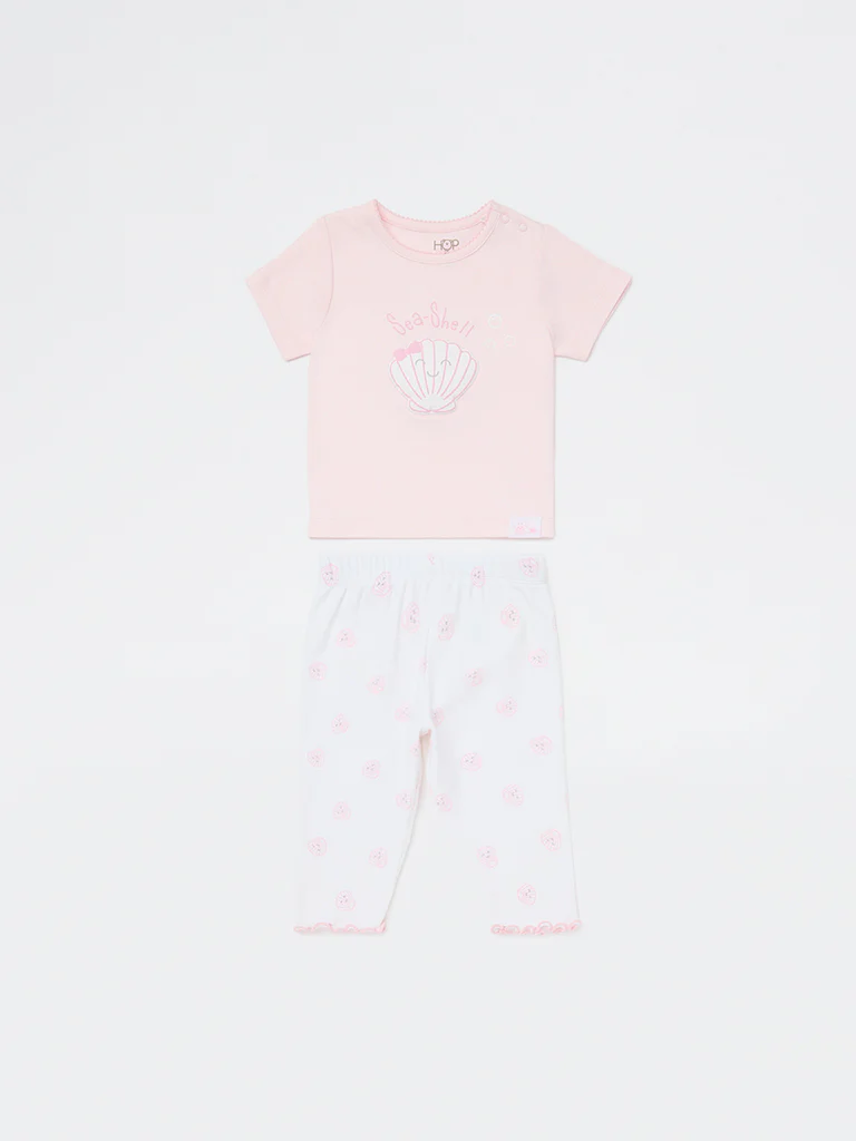 HOP Baby Girls Pink Printed Cotton T-Shirt and Pants Set - Image 2