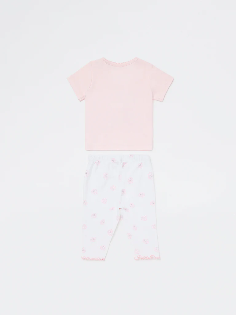 HOP Baby Girls Pink Printed Cotton T-Shirt and Pants Set - Image 3