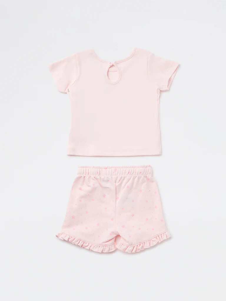HOP Baby Girls Pink Printed Cotton T-Shirt and Shorts Set - Image 2